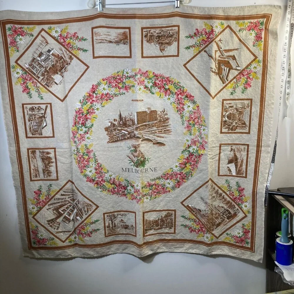 Melbourne Australia‎ Linen Tablecloth by Heil Flinders Station More Tan 47 x 50